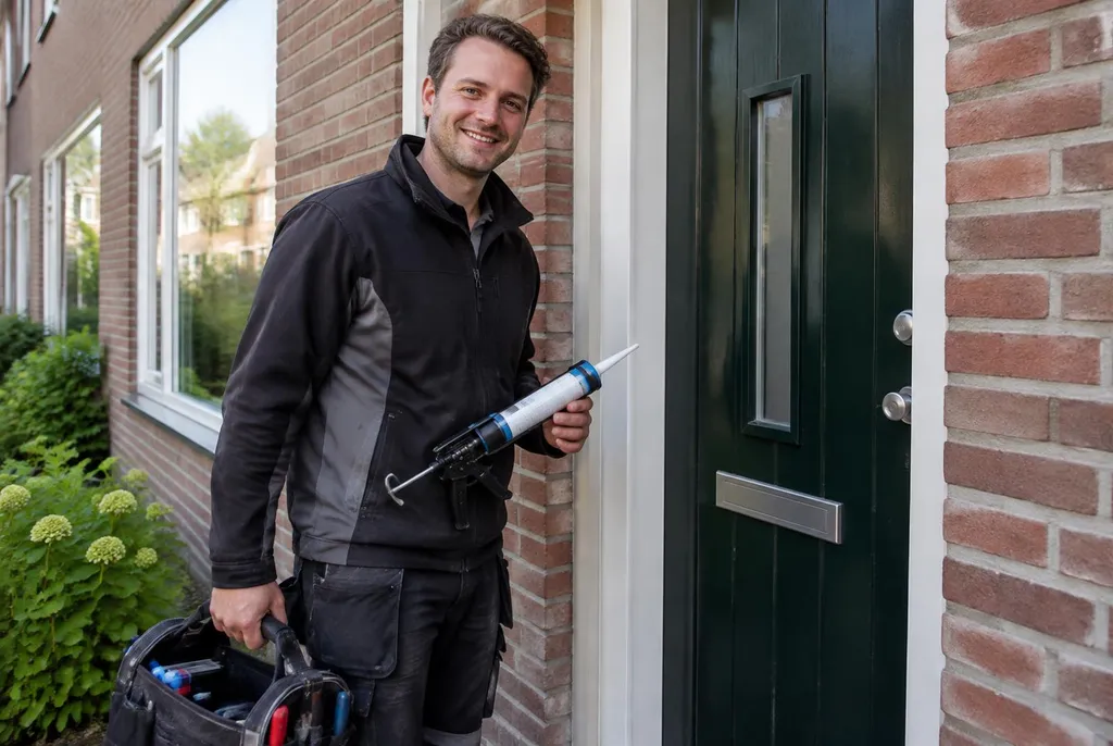 Vakman van Kitbedrijf Hoenderloo bij de voordeur van een woning